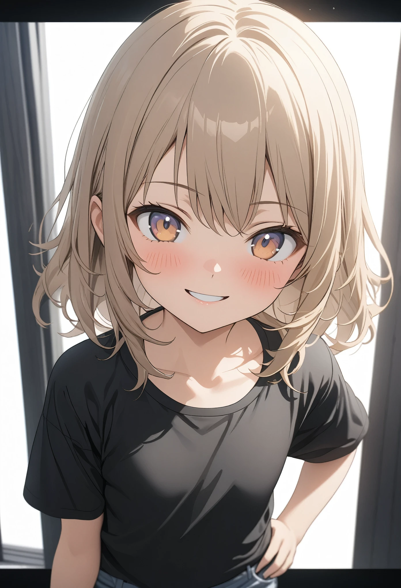 ((Masterpiece)), ((best quality)), (Anime:1.3), (super detail:1.2), (High Definition:1.3), (Professional Photography:1.4), (sharp focus), (perfect light), ((12 years old)), 1girl, portrait shot, from front, ((Plain black T-shirt)), cute teenage girl, super cute face, pale brown hair, messy medium hair, (flat chest), Healthy skin, blush, smile, standing on white background, place hands on hips, short pant, (Healthy slim body),