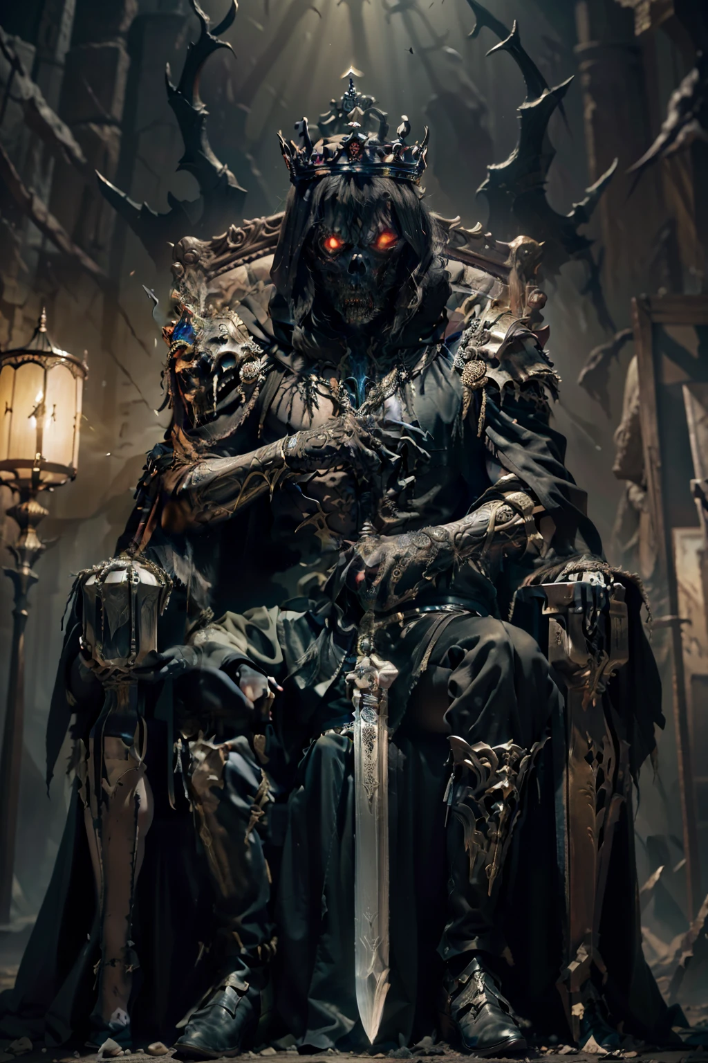 a terrifying king of the dead sitting on a throne, wearing a crown of bones, a black robe, and holding a black blade in his eight hands, with eight eyes and a fearsome, ugly face, in a dark fantasy scene with intricate details, dramatic lighting, and a blurred, complex background, rendered in a highly realistic, cinematic, hyperdetailed, and masterful style, with neutral and muted colors, and faded, warm tones.