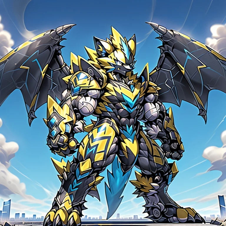 (masterpiece. official art. 8k. best quality. detailed full body. full body.)

(situation 1 : dominating zeraora. Zeraora is over 1000 meters long. focus GIANT mechanical Muscular Zeraora is trampling the city. Looking down. macro. stomp. Low-angle perspective. emphasizing the immense size.)

(situation 2 :smoke and flames rising from the destruction in the city)

(Additional details 1: wearing a full-face helmet. high-tech bio-mecha armor. real texture material. whole body shines like metal. Wearing cyberpunk mecha. emphasizes the muscles. suit fully made of metal. intricate armor. Robotic suit. suit fully made of metal. cyborg. Powered exoskeleton with the same design as Zeraora).

(Additional details 2: (Detailed head. Detailed Body. Detailed abs. gigantic muscles. HYPER MUSCLES. Gigachad Muscular. big muscle. pecs. triceps. traps. unusually developed muscular body. body full of huge muscles. showing off muscles. pectorales enormes. Exaggeratedly huge muscles. huge muscles. long legs.).

(Additional details 3: Spread wings. It has wings. have big wings. The claws are sharp. Sharp teeth.5 toes.).

(Additional details 4: black color hyper penis. hyper black penis. big penis) Vibrant colors, Furry Heroes, Main is yellow COLOR.