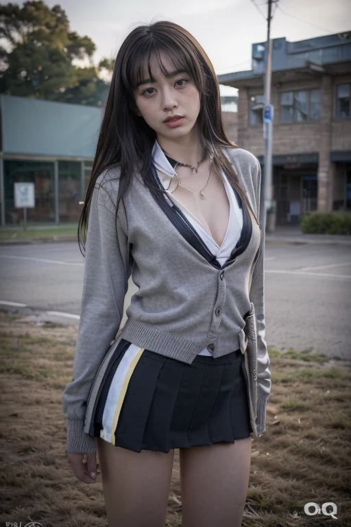 18 years old female, long hair, RAW photos, Original Photography,Bokeh (realism: 1.4, Practical), High-detail CG unified 8K wallpaper, 1 Girl, ((Tall figure: 1)), (Small cleavage: 1), Return to Viewer, ((Frontal view)), (HQ Skin: 1.4), 8K Ultra HD, Digital SLR Camera, Soft Light, high quality, Film Grain, Fuji XT3, ((Very detailed school uniform,、Short skirt、cardigan skirt、stripe、badge:1.5)), ((night,outdoor, in school))) Long beads, whole body肖像,((Layered short hair, Black Hire,Small cleavage:1.2)),(looking at the audience:1.4),(whole body:1.8),Female Love,Female classmates,Alumni,amour