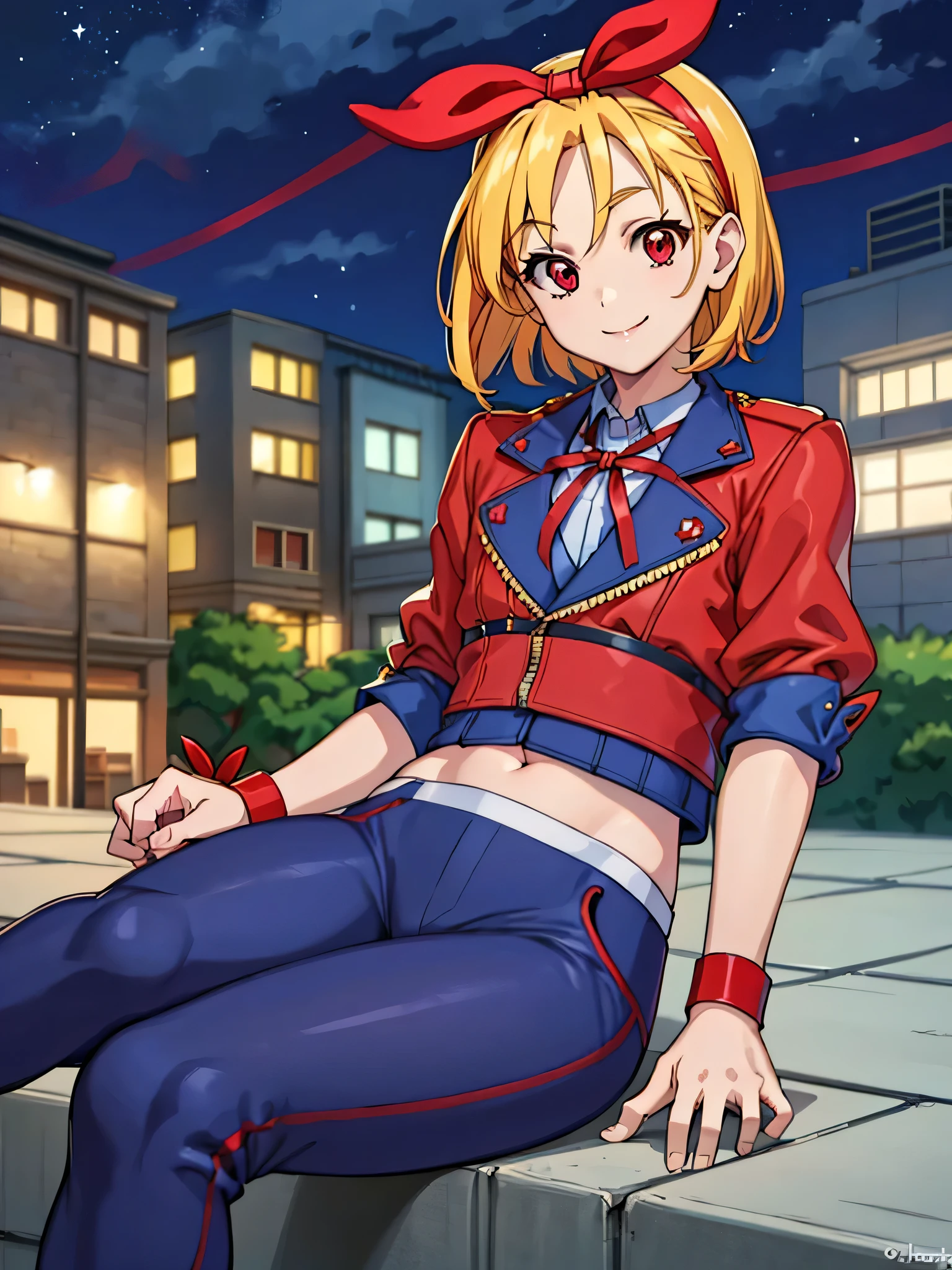 (RED Ribbon on HAIRband:1.2),Cammy SF Style, pants, pants, Jacket, often play sports, short hair, sitting,red eyes, highest quality, masterpiece, High resolution,view audience,smile ,Street at night,hosimiya ichigo,