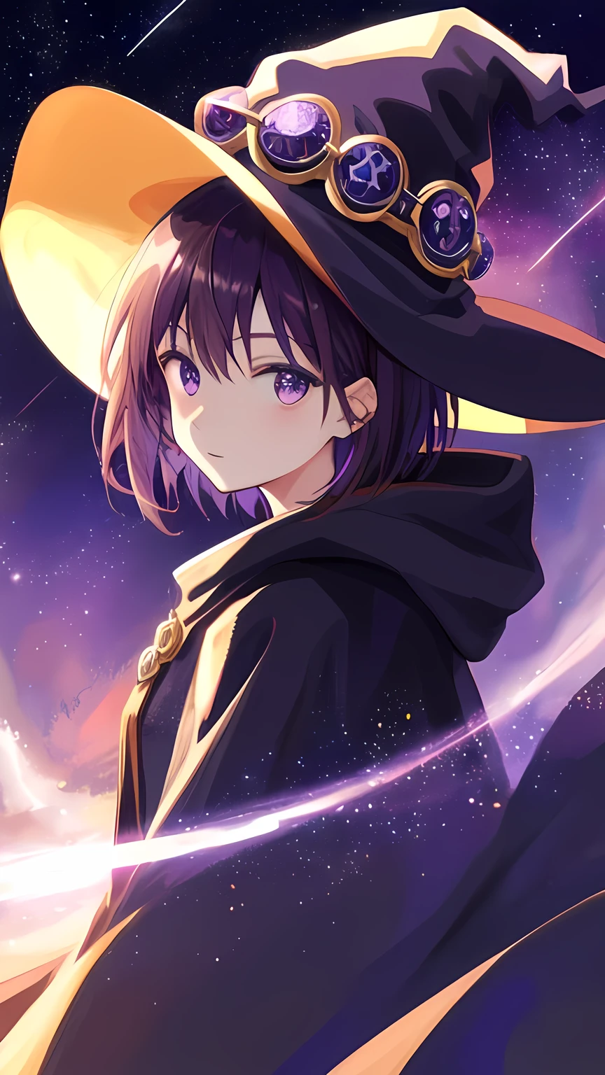 surreal, masterpiece, 4k, an anime girl, short brown hair, purple eyes, (witch hat), cloak, magic, meteor shower background, night, close-up