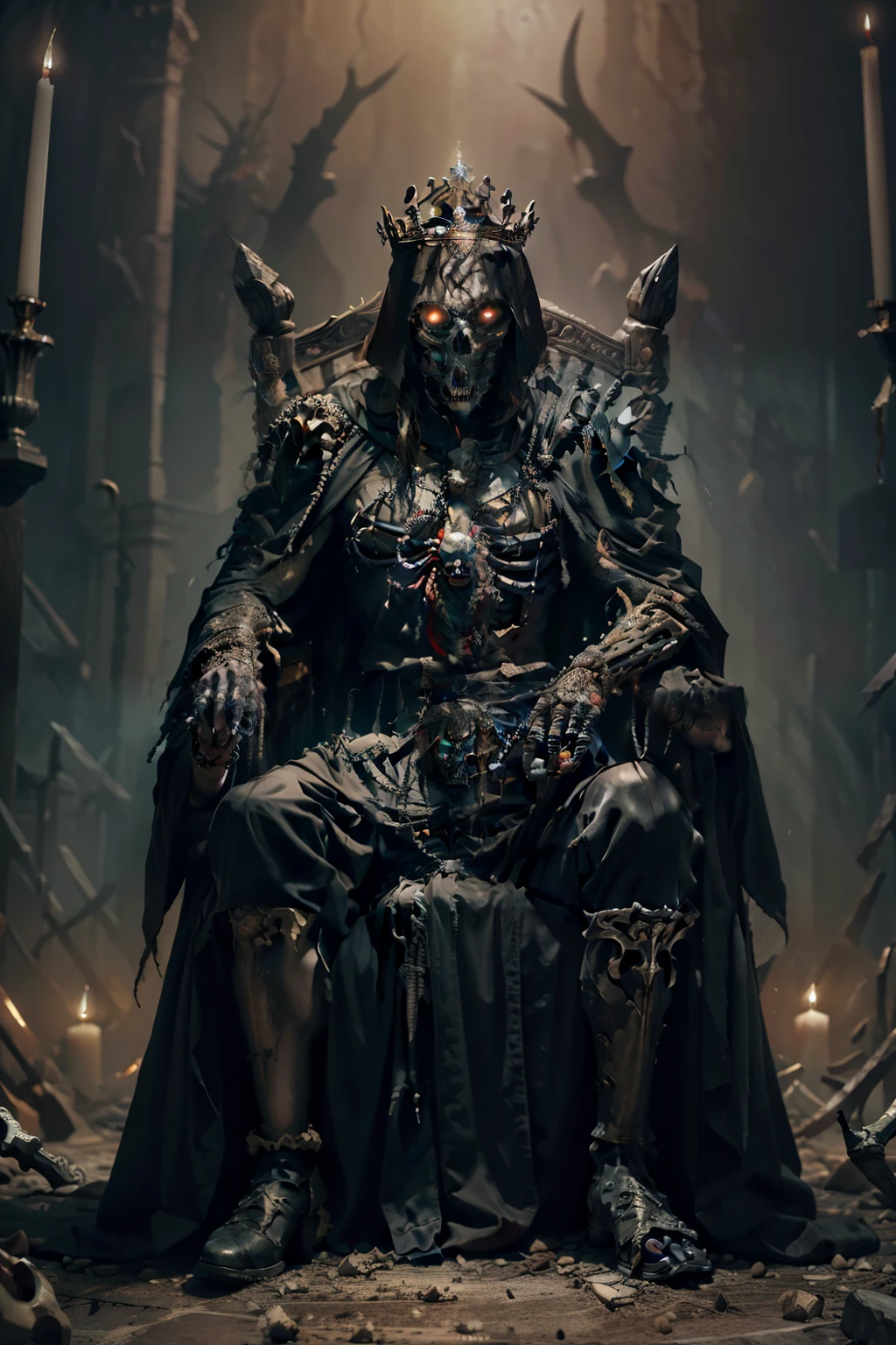 a terrifying king of the dead, eight-armed, eight-eyed, wearing a crown of bones, a black robe, holding a black blade, sitting on a throne, in a dark fantasy scene, intricate details, dramatic lighting, blurred complex background, highly realistic, cinematic, hyperdetailed, masterful style, neutral muted colors, faded warm tones