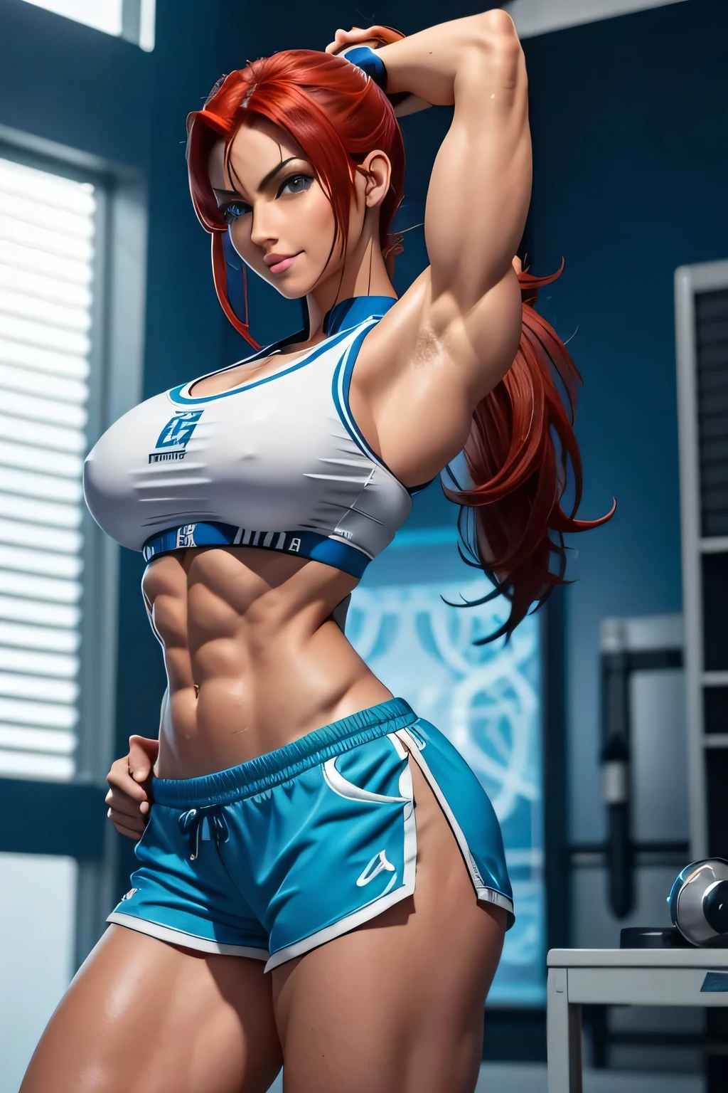 Aqua Blue Eyes:1.6,Arabian woman wearing sportswear taking a photo, Red Hair、Slender legs in shorts、Chun-Li in sportswear, lara croft, Muscular girl in a lab coat, Photorealistic perfect body, Science fiction, Perfect body with realistic shading,Muscular body, sexy muscular upper body, Ponytail、Biomechanical Boobs、smile