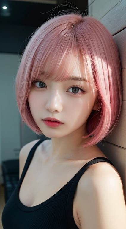 Tabletop, highest quality, figure, Super detailed, In detail, High resolution, In 8K,wallpaper, Perfect dynamic composition, Beautiful fine details, Black Tank Top,Short Bob Hair、Pink Hair Color,Big Natural Color Lip, Bold sexy pose,Expressionless、Cold Stare,Harajuku、20-year-old girl、cute、sexy shot looking at camera、In a dark room、Sleeping in bed