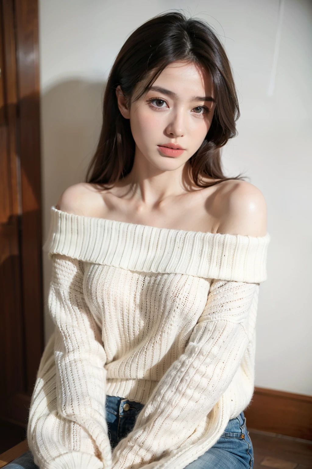 ((best quality)), ((masterpiece)), (detailed), 1 Girl, Off-shoulder sweater,