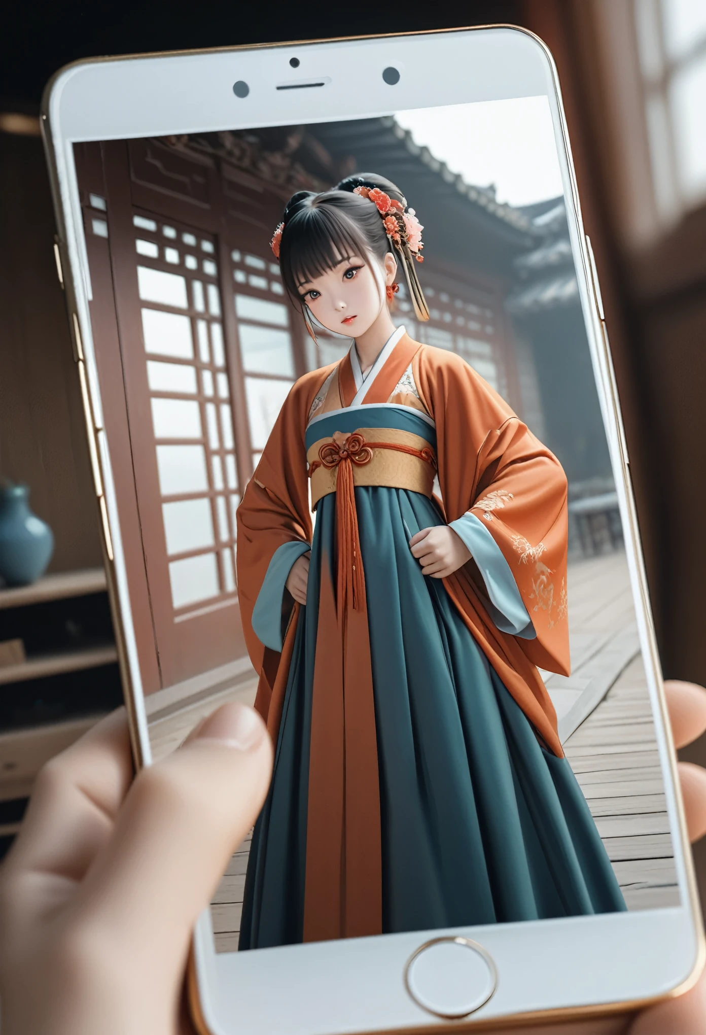 1 Girl, Solitary, Hanfu, China costume, (side:1.2), look to viewer, photo, realism anime, Ultra-high resolution, RAW photos, photo shoot, professional, Amazing details, rich and colourful, point of view, sharp focus, short depth of field, Digital Art Rendering, Surrealism, masterpiece, best quality, masterpiece, best quality, best quality, 8K