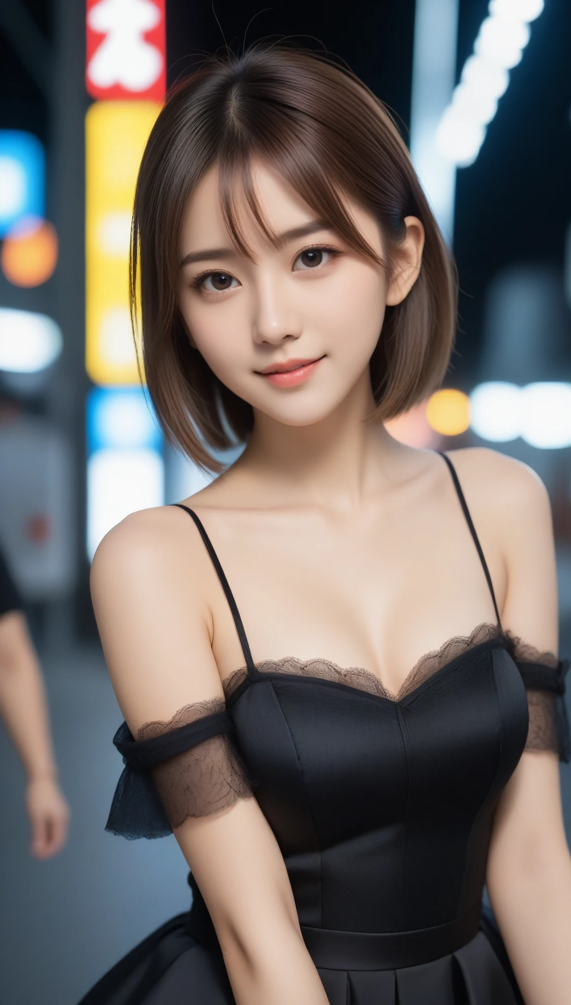 8k, Ultra-high resolution, highest quality, masterpiece, Rule of thirds photography,Surreal, photograph, 1 girl, (:1.3), pretty girl, Cute Face, Beautiful eyes in every detail, 細かくdetailedに,masterpiece,, One Girl:1.2, Japan Female Announcer,Cinematic Light, Lens flare, Ray Tracing, (Very beautiful face, Beautiful Lips, Cute eyes), Faces with intricate details, ((Ultra-dense skin)) 1 girl, Cute Japanese Girl, J-Pop Idol, 1 girl, (smile:1.3), (Fashion Night, (Neon Signs), (Blurred Background), Fashion Street Night),(There is no one in the background:1.3), (whole bodyショット), ((Black silk dress:1.3)), ((Dress nicely)), ((Lace-up dress)), (View your viewers:1.3) ,Looking at the audience、beauty,Long neck、Laugh a little、Please close your mouth and laugh、(((Ideal body type))),A-cup small breasts :2,whole body、Perfect Anatomy、鮮明なdetailed、detailed、Surreal、Light and shadow,Strong light