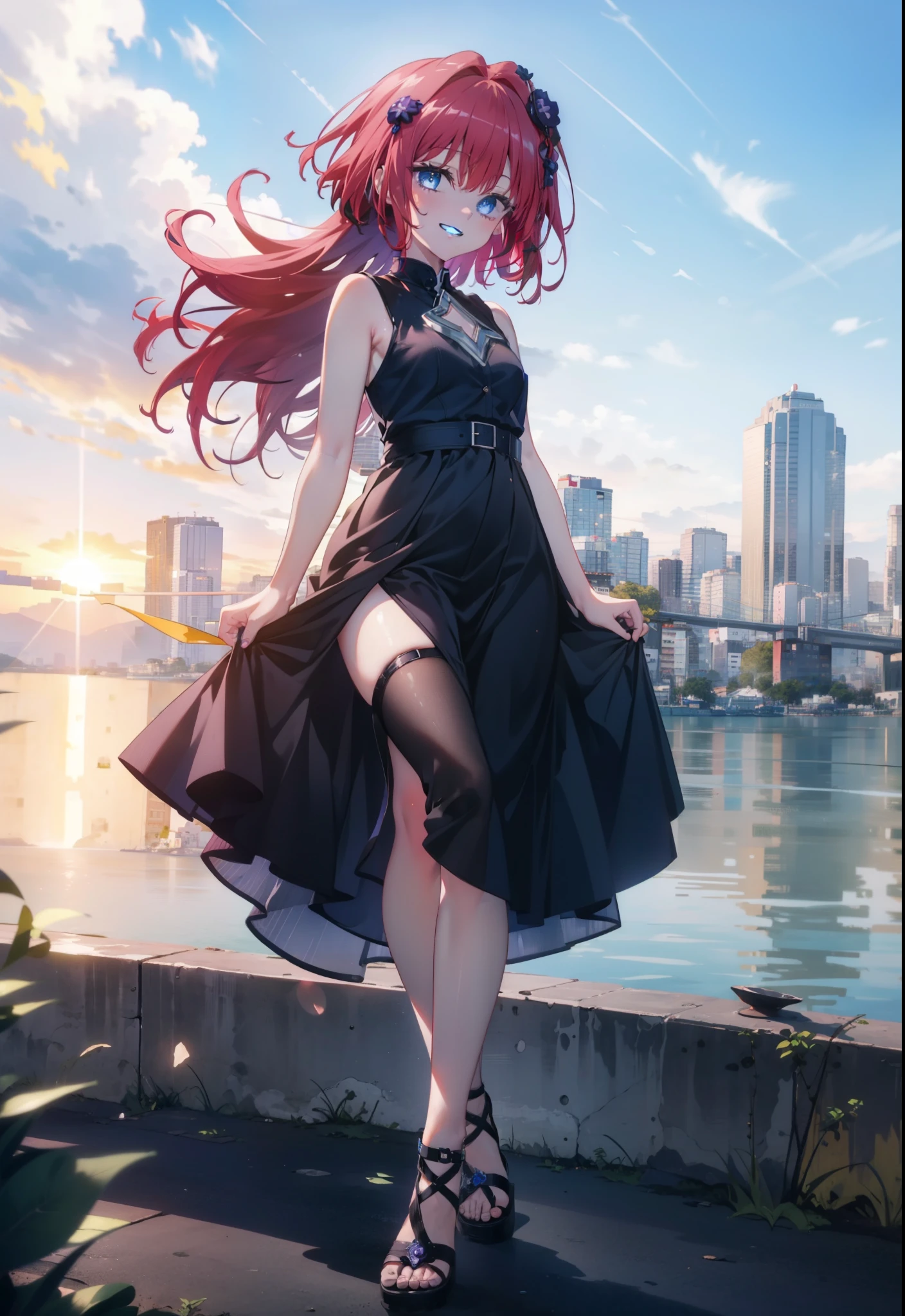 (masterpiece, highest quality:1.2),shape,8k,High resolution,kurosaki mea,Red Hair,Long Hair,Purple eyes,1 girl,Grin,smile,Sleeveless black dress,Bare arms,black long skirt,Cute Sandals,walking,evening,Sunset,The sun is setting,
break looking at viewer,whole body,
break outdoors, Coastal Road,
break (masterpiece:1.2), highest quality, High resolution, unity 8k wallpaper, (shape:0.8), (Beautiful and beautiful eyes:1.6), Highly detailed face, Perfect lighting, Extremely detailed CG, (Perfect hands, Perfect Anatomy),