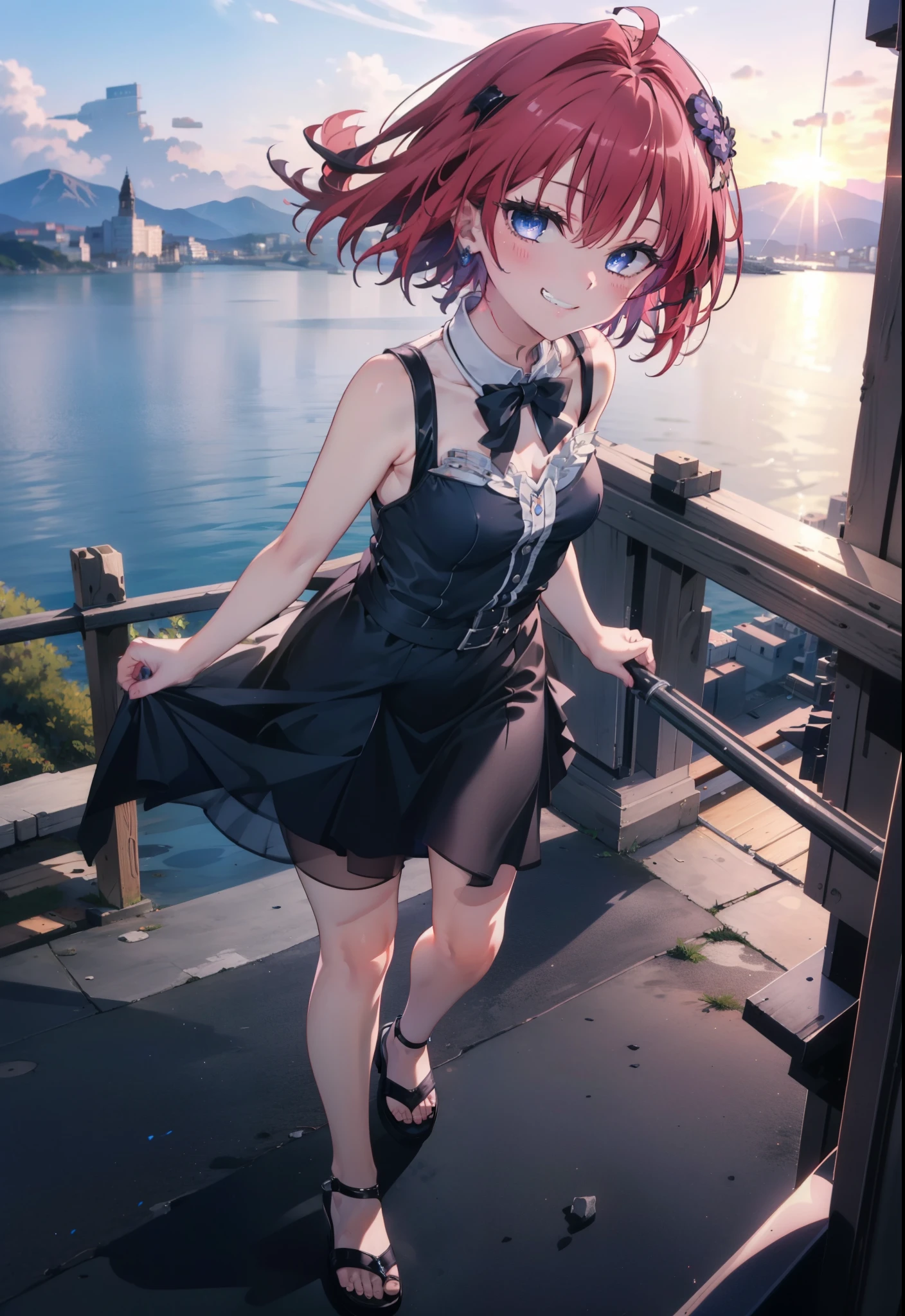 (masterpiece, highest quality:1.2),shape,8k,High resolution,kurosaki mea,Red Hair,Long Hair,Purple eyes,1 girl,Grin,smile,Sleeveless black dress,Bare arms,black long skirt,Cute Sandals,walking,evening,Sunset,The sun is setting,
break looking at viewer,whole body,
break outdoors, Coastal Road,
break (masterpiece:1.2), highest quality, High resolution, unity 8k wallpaper, (shape:0.8), (Beautiful and beautiful eyes:1.6), Highly detailed face, Perfect lighting, Extremely detailed CG, (Perfect hands, Perfect Anatomy),