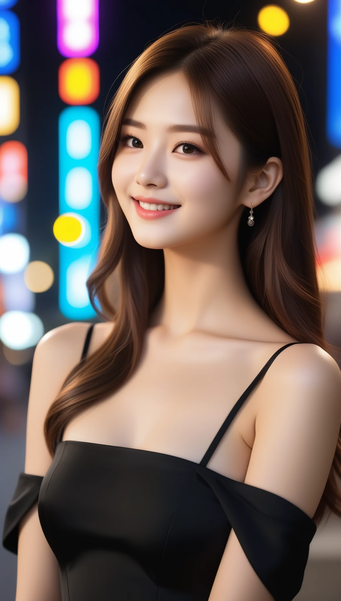 8k, Ultra-high resolution, highest quality, masterpiece, Rule of thirds photography,Surreal, photograph, 1 girl, (:1.3), pretty girl, Cute Face, Beautiful eyes in every detail, 細かくdetailedに,masterpiece,, One Girl:1.2, Japan Female Announcer,Cinematic Light, Lens flare, Ray Tracing, (Very beautiful face, Beautiful Lips, Cute eyes), Faces with intricate details, ((Ultra-dense skin)) 1 girl, Cute Japanese Girl, J-Pop Idol, 1 girl, (smile:1.3), (Fashion Night, (Neon Signs), (Blurred Background), Fashion Street Night),(There is no one in the background:1.3), (whole bodyショット), ((Black silk dress:1.3)), ((Dress nicely)), ((Lace-up dress)), (View your viewers:1.3) ,Looking at the audience、beauty,Long neck、Laugh a little、Please close your mouth and laugh、(((Ideal body type))),A-cup small breasts :2,whole body、Perfect Anatomy、鮮明なdetailed、detailed、Surreal、Light and shadow,Strong light