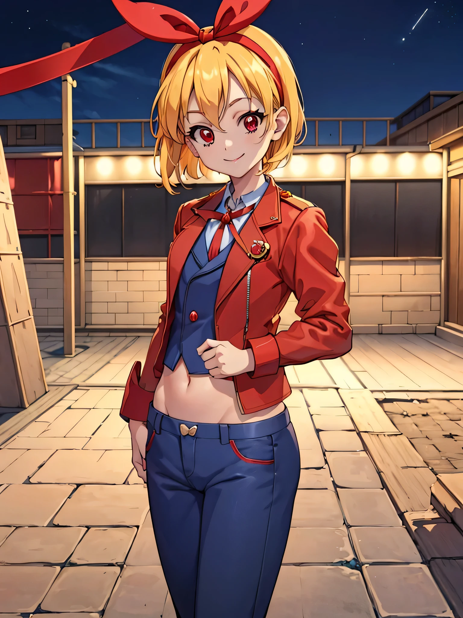 (RED Ribbon on HAIRband:1.2),Cammy SF Style, pants, pants, Jacket, often play sports, short hair, standing,red eyes, highest quality, masterpiece, High resolution,view audience,smile ,Street at night,hosimiya ichigo,