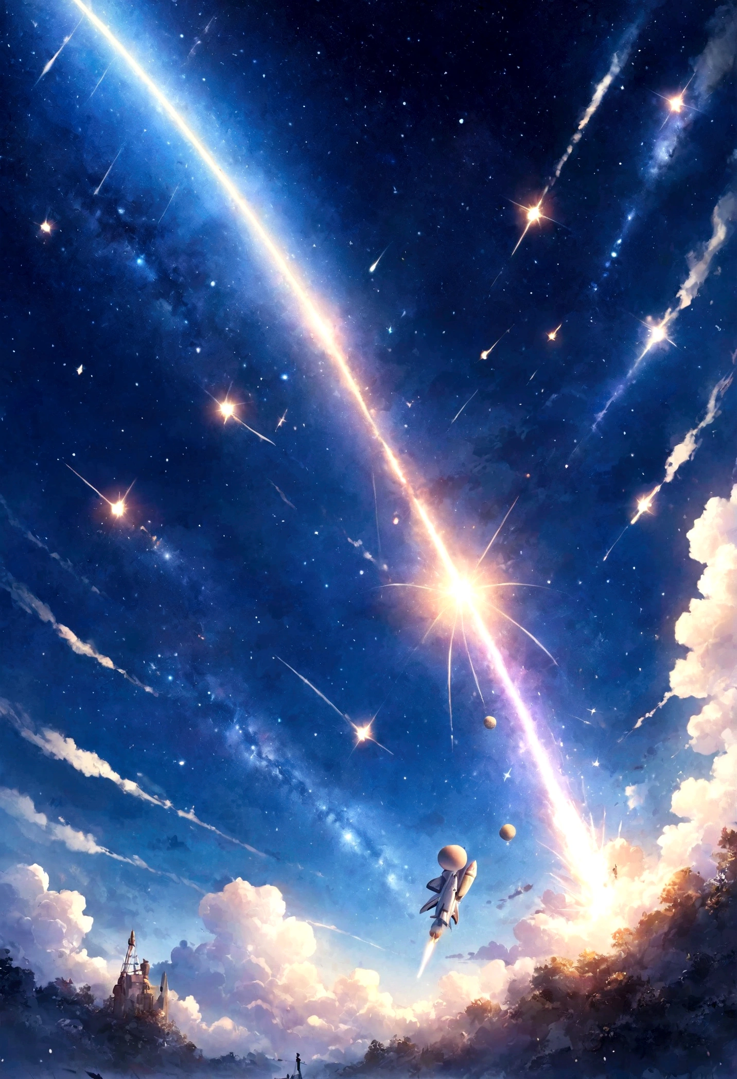 (Watercolor style)、(masterpiece)、(Highest quality:1.1)、(Super fine:1.1)、Best Illustration、delicate、Milky Way、Anime Touch、Sponge Alien、Cute cat flying on a rocket、shooting star、