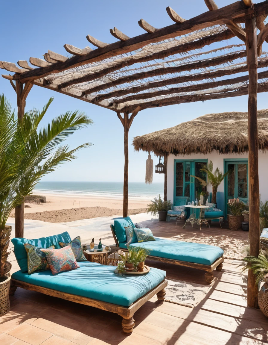 rustic-style outdoor lounge with pergola , beach house with a deck morocco authentic. style textiles , palm trees
