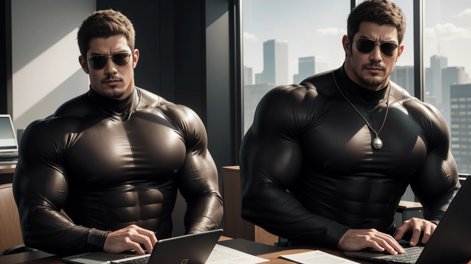 1 super muscular man, He wears sunglasses,Coffee-colored tights,Sitting in the office,Working on a laptop with a focused look,He wears sunglasses,Buzz Cut,In a luxurious office, Wear a long-sleeved brown turtleneck tights, Wear it over a suit,tie,Thickened warm elastic texture,Clothes are very dirty with mud stains,The expression is arrogant, Thick thighs, Messy hair, High collar long sleeve coffee color high collar tights, very tight, Regular symmetrical pattern, Highlight muscles, Police uniform pants, character concept(Resident Evil - Chris Redfield, Chris Redfield)A proud expression, Deep and charming eyes, Heroic male pose, tall Burly, muscular!muscular thighs, tough guy, perfect facial features, High, Burly, Heqiang, Super polished and cool, High Resolution Committee, Charismatic, Sunlight through the window, shine on body