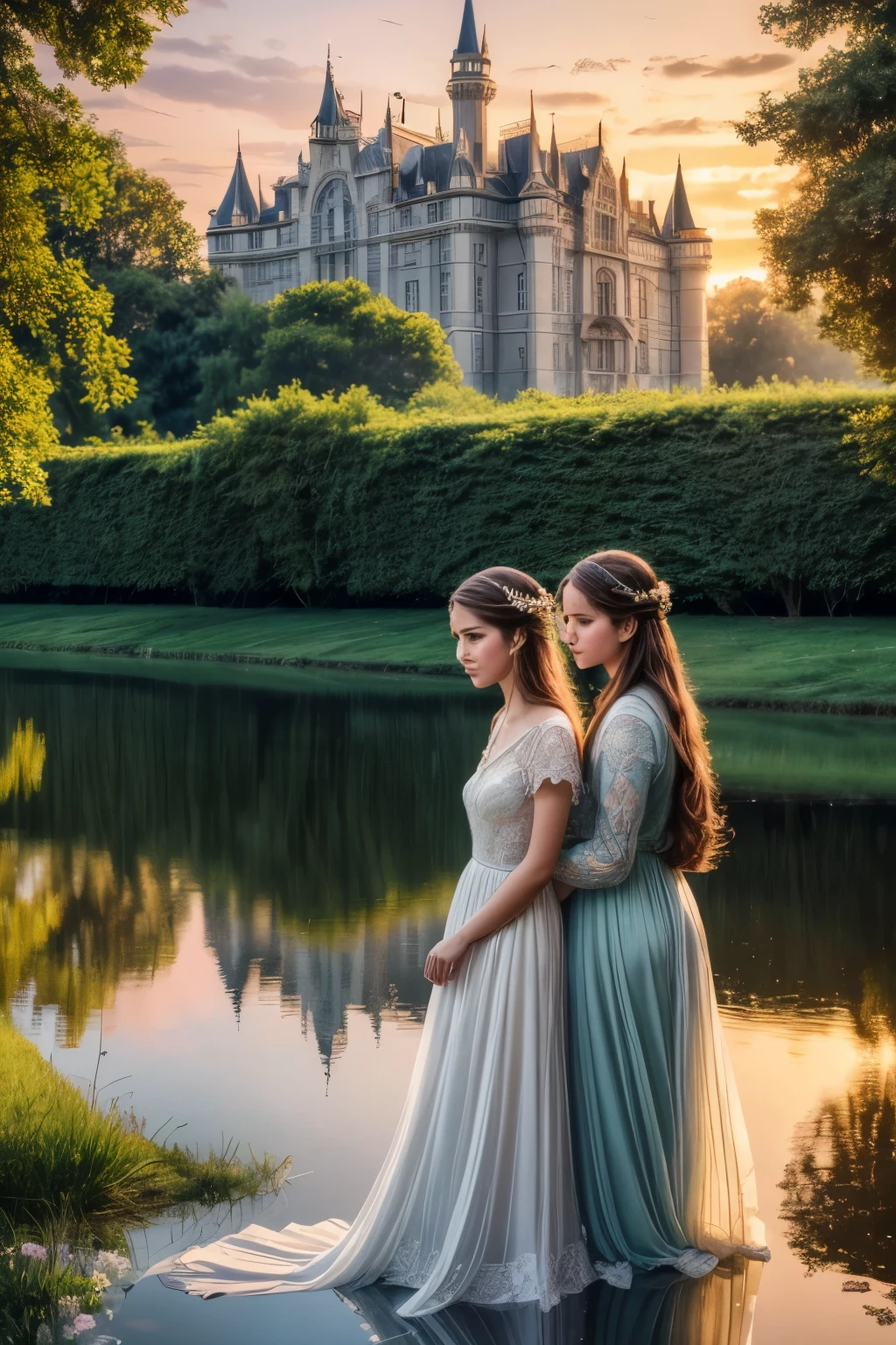 a detailed portrait of two beautiful young girls standing in a lush green garden in front of a majestic castle, the castle's reflection perfectly mirrored in the calm waters of a lake, the girls gazing out at the serene scene, their expressions filled with wonder, extremely detailed faces, beautiful eyes, delicate features, long flowing hair, ornate dresses, intricate castle architecture, glowing sunset lighting, vibrant colors, photorealistic, (best quality,8k,highres,masterpiece:1.2),ultra-detailed,(realistic,photorealistic,photo-realistic:1.37),1girl,2girls,castle,lake,reflection,garden,sunset,ornate,beautiful,detailed,serene,wonder,vibrant