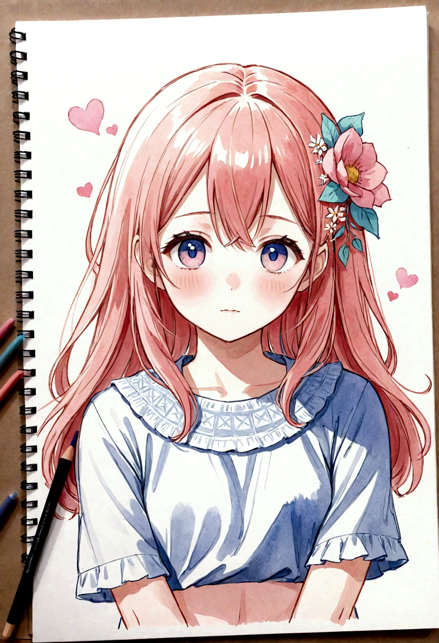 {{light pastel colors}}, {{partially colored}}, {{1girl}}, manga (medium), watercolor (medium), colorized, sketch photo-referenced, {{{{wholesome}}}}, cute, kawaii, {{{artstyle (liz to aoi tori)}}}