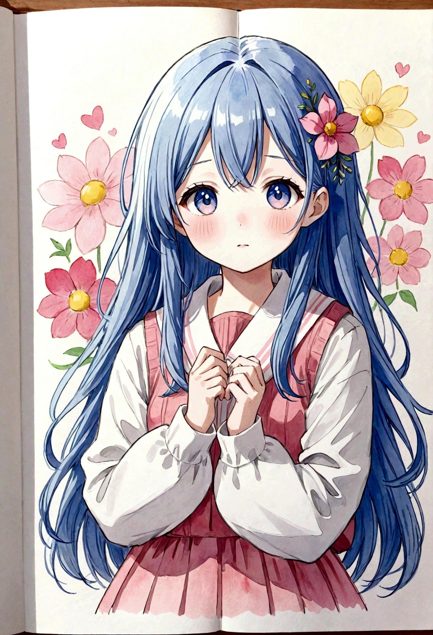 {{light pastel colors}}, {{partially colored}}, {{1girl}}, manga (medium), watercolor (medium), colorized, sketch photo-referenced, {{{{wholesome}}}}, cute, kawaii, {{{artstyle (liz to aoi tori)}}}