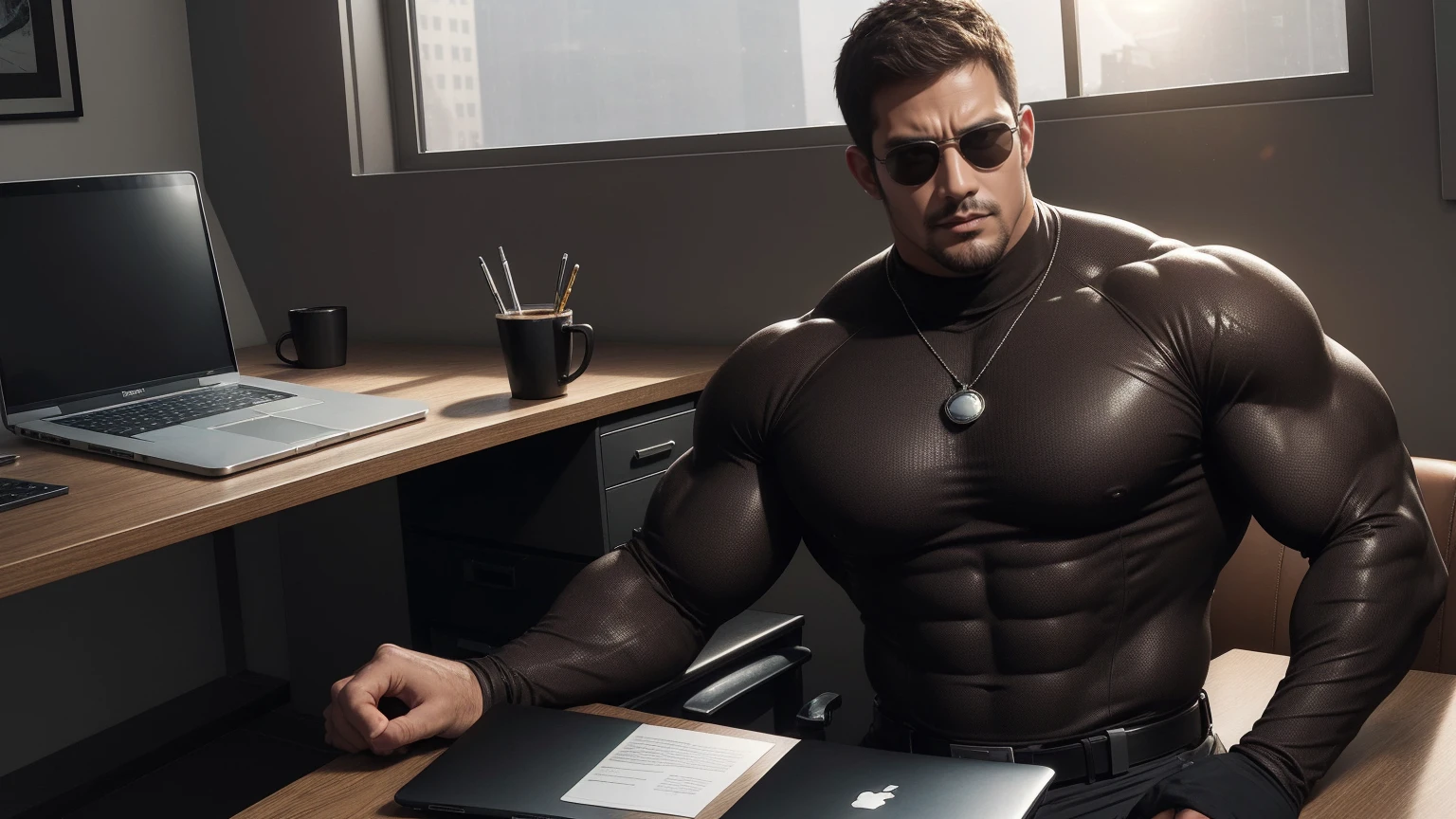 1 super muscular man,  He wears sunglasses，Coffee-colored tights，Sitting in the office，Working on a laptop with a focused look，He wears sunglasses，Buzz Cut，In a luxurious office, Wear a long-sleeved brown turtleneck tights, Wear it over a suit，tie，Thickened warm elastic texture，Clothes are very dirty with mud stains，The expression is arrogant, Thick thighs, Messy hair, High collar long sleeve coffee color high collar tights, very tight, Regular symmetrical pattern, Highlight muscles, Police uniform pants, character concept（Resident Evil - Chris Redfield, Chris Redfield）A proud expression, Deep and charming eyes, Heroic male pose, tall Burly, muscular！muscular thighs, tough guy, perfect facial features, High, Burly, Heqiang, Super polished and cool, High Resolution Committee, Charismatic, Sunlight through the window, shine on body