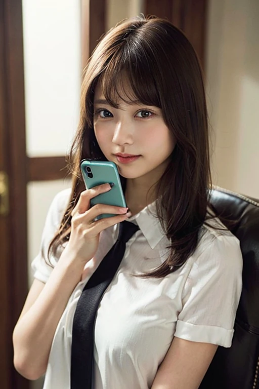 A woman with a smartphone around her chest、(8k、Raw photo、highest quality、masterpiece:1.2)、(Realistic、Photorealistic:1.37)、Ultra-detailed、超A high resolution、1 girl、Seeing the viewer、Beautifully detailed face、Laughter、narrow、(Slim waist) :1.3)、((White shirt))、Beautifully detailed skin、Skin Texture、Floating Hair、((Tie your hair together))、Shapely large breasts、Professional Lighting、Bright room、Human whole body、Brown Hair、((Holding your phone in your hand))、Looking at LINE and worrying、A woman looking at her smartphone((Hold your smartphone at chest level))、Looking at the smartphone screen and worrying、Image size 1000×800
