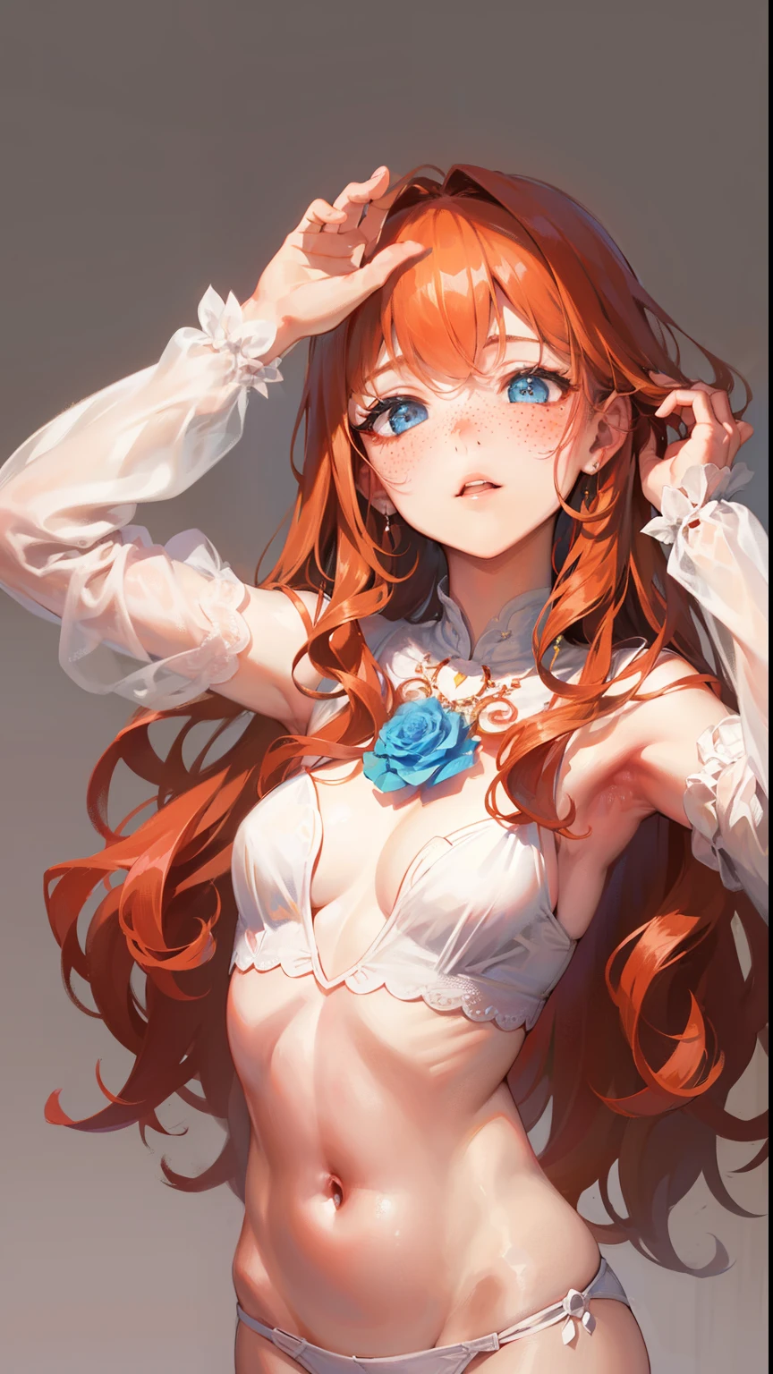 Dynamic posing, dynamic angle, Arrange pose,Top quality work，Show Legs，sexy, ((wavy hair, pale skin, long light ginger hair),((light blue eyes)), freckles, 16 years old, Rose cheeks, Pretty cute Face, A perfectly proportioned face，full-body view， amazing, small round chest、Beautiful eye details、Beautiful eyelashes、beautiful double eyelid, with blush cheeks, 