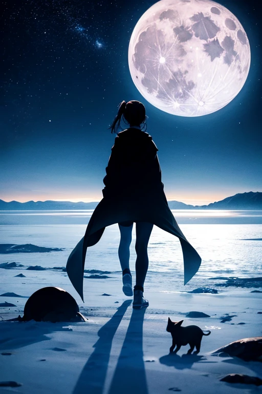 highest quality,Big moon and shadow,A silhouette of a person can be seen against the backdrop of a large moon.,There is one full moon,There is a mood,Beautiful scenery,Starry Sky