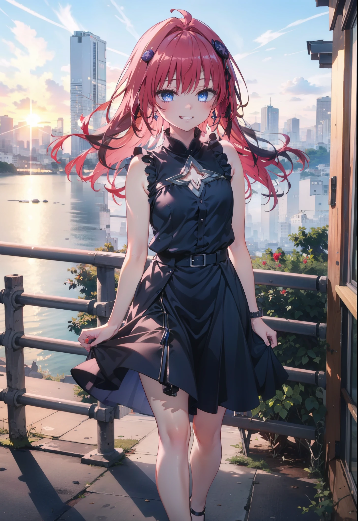 (masterpiece, highest quality:1.2),shape,8k,High resolution,kurosaki mea,Red Hair,Long Hair,Purple eyes,1 girl,Grin,smile,Sleeveless black dress,Bare arms,black long skirt,Cute Sandals,walking,evening,Sunset,The sun is setting,
break looking at viewer,whole body, (Cowboy Shot:1. 5)
break outdoors, Coastal Road,
break (masterpiece:1.2), highest quality, High resolution, unity 8k wallpaper, (shape:0.8), (Beautiful and beautiful eyes:1.6), Highly detailed face, Perfect lighting, Extremely detailed CG, (Perfect hands, Perfect Anatomy),