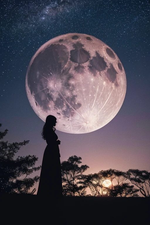 highest quality,Big moon and shadow,A silhouette of a person can be seen against the backdrop of a large moon.,There is one full moon,There is a mood,Beautiful scenery,Starry Sky