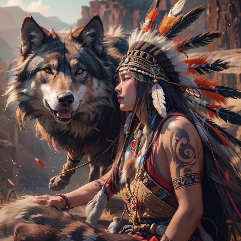 At the Grand Canyon、Hair flow、 ((highest quality、masterpiece、8k、Best image quality、Ultra-high resolution、Award-winning works)、(Accurate anatomy:1.1)、(Look at me and smile:1.1)、Shining fair skin with Ultra-high resolution、The most detailed face、Ultra-high resolution detailed face、Ultra-high resolutionの髪の毛、(Ultra-high resolutionの煌めく瞳:1.1)、Beautiful face drawn in every detail、(Blurred Background:1.1)、Native American Costume, American Indian Clothing, Chest to chest, tattoo、A real giant condor next to you。The wolf is watching