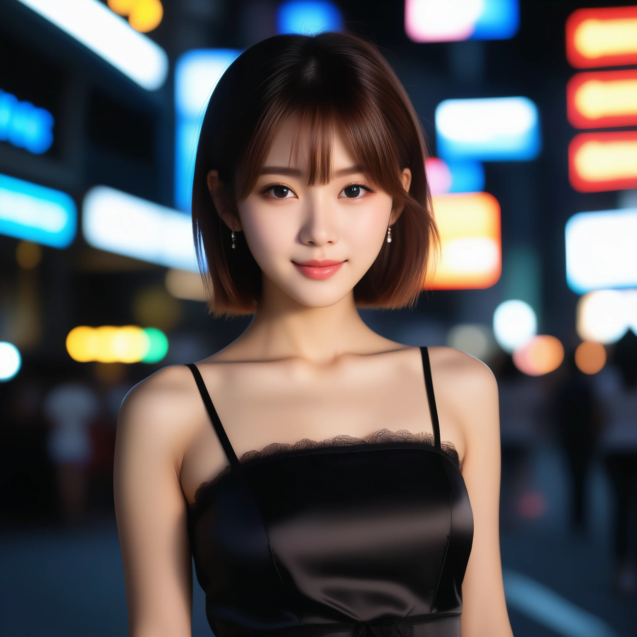 8k, Ultra-high resolution, highest quality, masterpiece, Rule of thirds photography,Surreal, photograph, 1 girl, (16 years old:1.3), pretty girl, Cute Face, Beautiful eyes in every detail, 細かくdetailedに,masterpiece,, One Girl:1.2, Japan Female Announcer,Cinematic Light, Lens flare, Ray Tracing, (Very beautiful face, Beautiful Lips, Cute eyes), Faces with intricate details, ((Ultra-dense skin)) 1 girl, Cute Japanese Girl, J-Pop Idol, 1 girl, (smile:1.3), (Fashion Night, (Neon Signs), (Blurred Background), Fashion Street Night),(There is no one in the background:1.3), (whole bodyショット), ((Black silk dress:1.3)), ((Dress nicely)), ((Lace-up dress)), (View your viewers:1.3) ,Looking at the audience、beauty,Long neck、Laugh a little、Please close your mouth and laugh、(((Ideal body type))),A-cup small breasts :2,whole body、Perfect Anatomy、鮮明なdetailed、detailed、Surreal、Light and shadow,Strong light