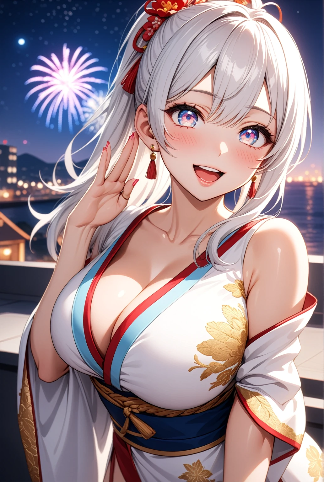 ((one personの女性)), Beautiful Face,Laughing embarrassedly,Laughing with your mouth open,(Bright red cheeks),Glossy pink lips,night,Hotel rooftop with sea view,firework,((Anime style background)),masterpiece, highest quality, so beautiful, Latest, Complex details, (Pink long nails),(ring),AI-generated, Complex,High resolution, highest quality, super high quality,3D Images、View your viewers、3D Images,one person,Long white hair,High Ponytail,blue eyes,Anime woman posing for a photo, ((Fine grain、Silvery white colorful eyes、Shining Eyes:1.3)),(Squint your eyes:1.1),a hyperRealistic , hyperRealistic , Realistic,Anime woman with long and white hair, Smooth anime CG art, A woman in a colorful kimono with gold embroidery, (White kimono),Red floral pattern,Long flower hair ornament,Big earrings, Body,(Big BrTall,Big Ass,Fine details,row waist,Abdominal muscles,Shooting from an angle,(Face close-up:1.2),(clasping their hands in front of their mouth with a delighted expression),