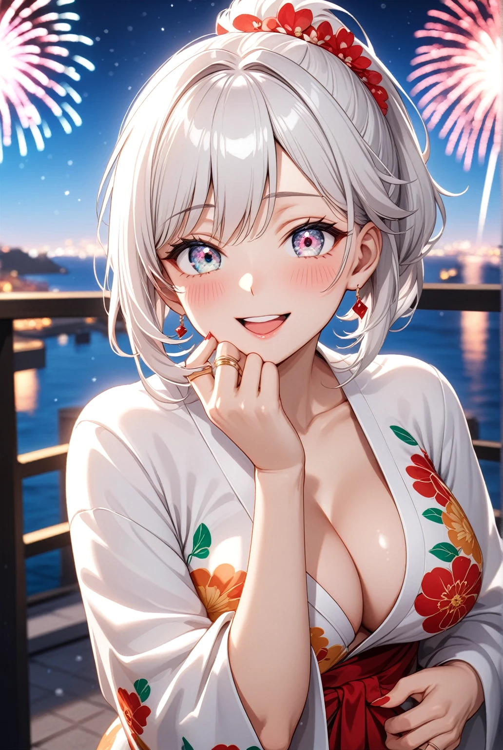 ((one personの女性)), Beautiful Face,Laughing embarrassedly,Laughing with your mouth open,(Bright red cheeks),Glossy pink lips,night,Hotel rooftop with sea view,firework,((Anime style background)),masterpiece, highest quality, so beautiful, Latest, Complex details, (Pink long nails),(ring),AI-generated, Complex,High resolution, highest quality, super high quality,3D Images、View your viewers、3D Images,one person,Long white hair,High Ponytail,blue eyes,Anime woman posing for a photo, ((Fine grain、Silvery white colorful eyes、Shining Eyes:1.3)),(Squint your eyes:1.1),a hyperRealistic , hyperRealistic , Realistic,Anime woman with long and white hair, Smooth anime CG art, A woman in a colorful kimono with gold embroidery, (White kimono),Red floral pattern,Long flower hair ornament,Big earrings,Mature Body,(Big Breasts:1.1),Tall,Big Ass,Fine details,Narrow waist,Abdominal muscles,Shooting from an angle,(Face close-up:1.2),(clasping their hands in front of their mouth with a delighted expression),