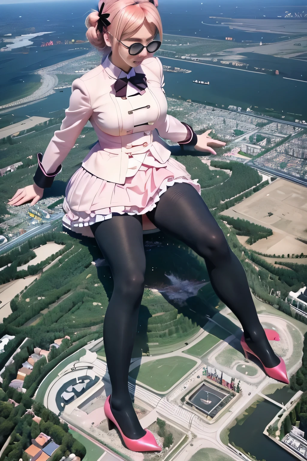 giantess art, highly detailed giantess shots, giantess, Two legs, Five fingers, short hair, A beautiful girl who is bigger than a skyscraper, Wearing rimless glasses, smile, Big Breasts, pink dress, bow, magical girl, pink pantyhose, pink stiletto heels, Destroying cities, A very small big city, Miniature metropolis, Full body description, GTS, giga giantess, stomping city, crash city, tiny city, micro city, pantyhose feet, High resolution, highest quality, masterpiece, 