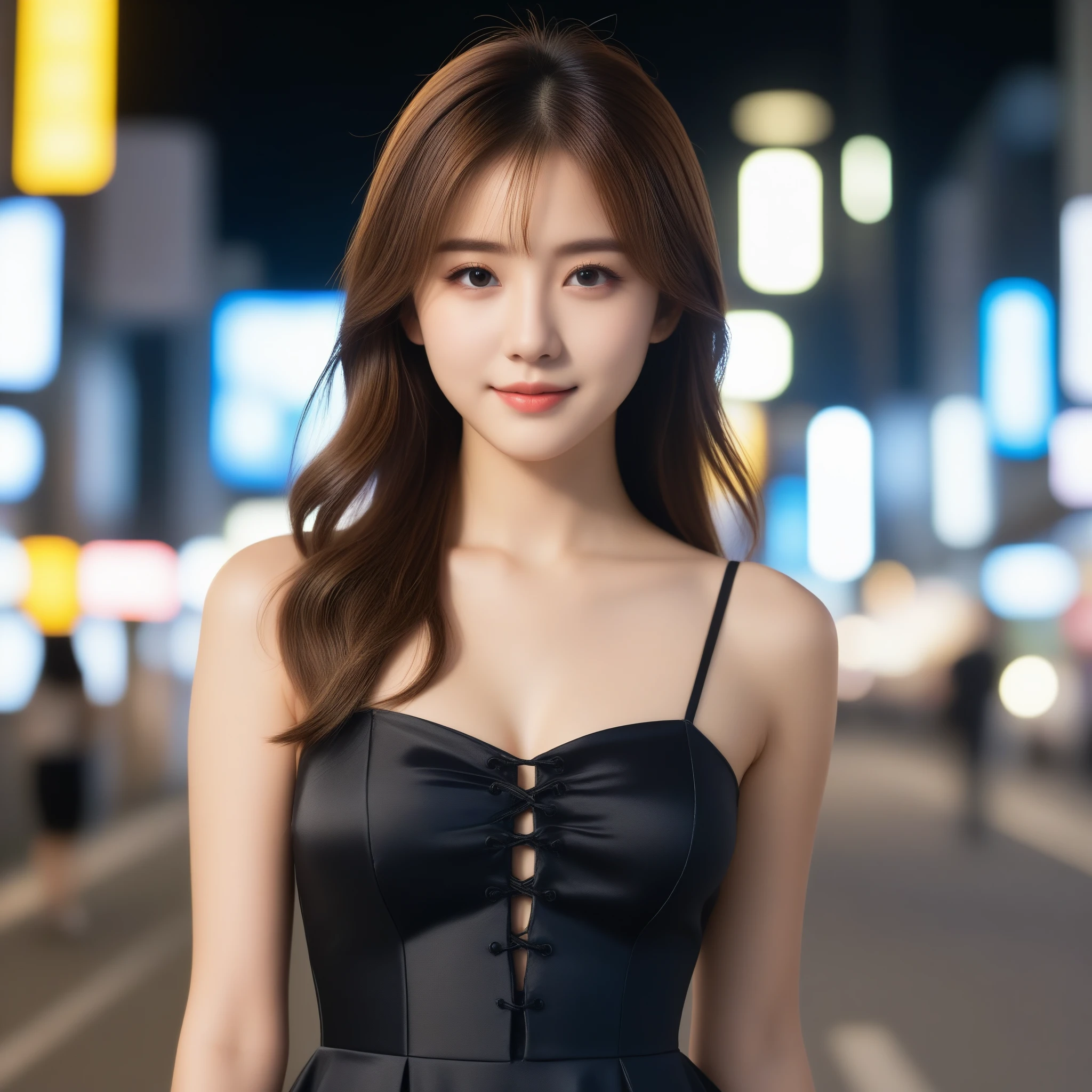 8k, Ultra-high resolution, highest quality, masterpiece, Rule of thirds photography,Surreal, photograph, 1 girl, (16 years old:1.3), pretty girl, Cute Face, Beautiful eyes in every detail, 細かくdetailedに,masterpiece,, One Girl:1.2, Japan Female Announcer,Cinematic Light, Lens flare, Ray Tracing, (Very beautiful face, Beautiful Lips, Cute eyes), Faces with intricate details, ((Ultra-dense skin)) 1 girl, Cute Japanese Girl, J-Pop Idol, 1 girl, (smile:1.3), (Fashion Night, (Neon Signs), (Blurred Background), Fashion Street Night),(There is no one in the background:1.3),  (whole bodyショット), ((Black silk dress:1.3)), ((Dress nicely)), ((Lace-up dress)), (View your viewers:1.3) ,Looking at the audience、beauty,Long neck、Laugh a little、Please close your mouth and laugh、(((Ideal body type))),A-cup small breasts :2,whole body、Perfect Anatomy、鮮明なdetailed、detailed、Surreal、Light and shadow,Strong light