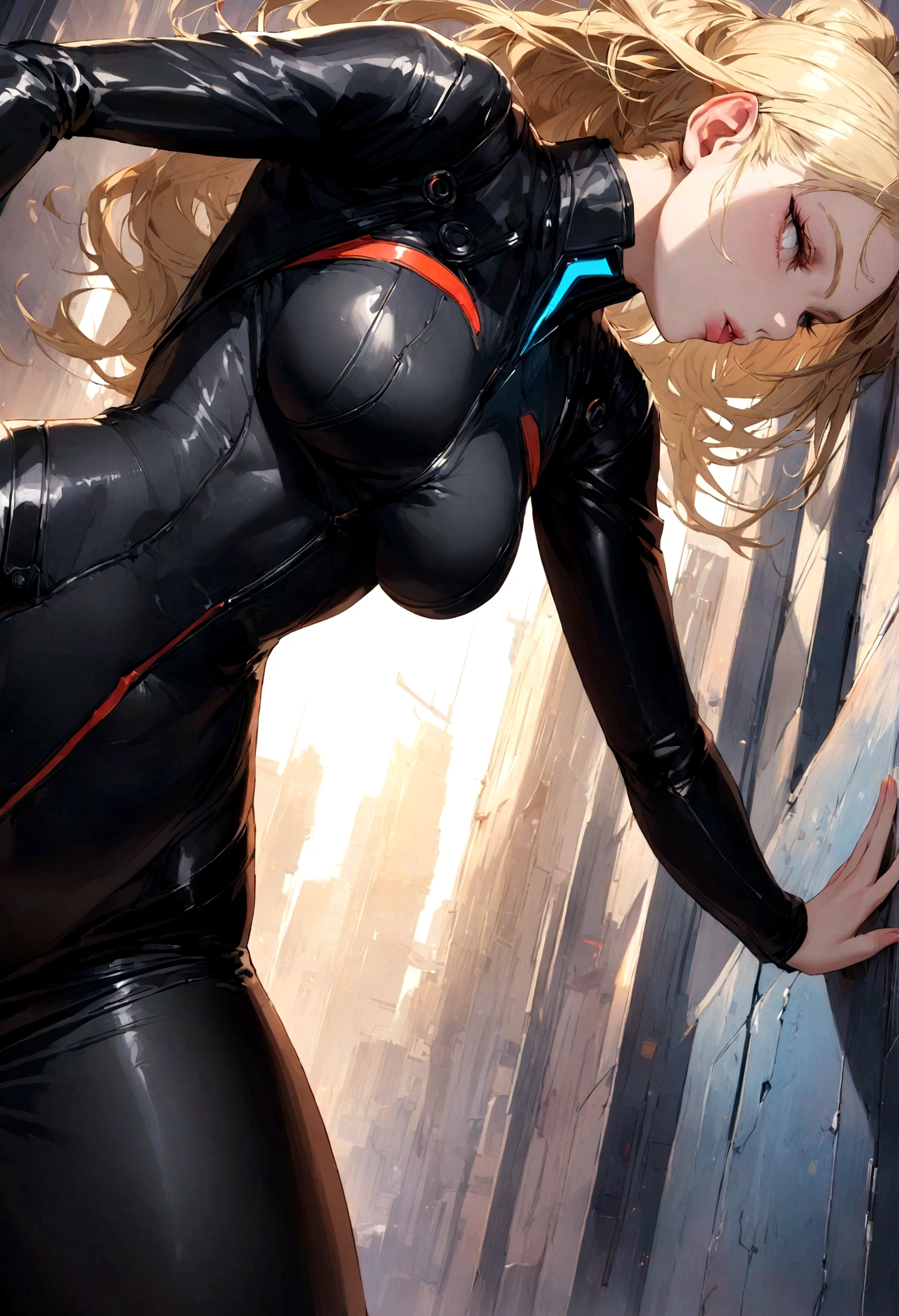 Blonde female cyberpunk corporate agent with a tight black dress