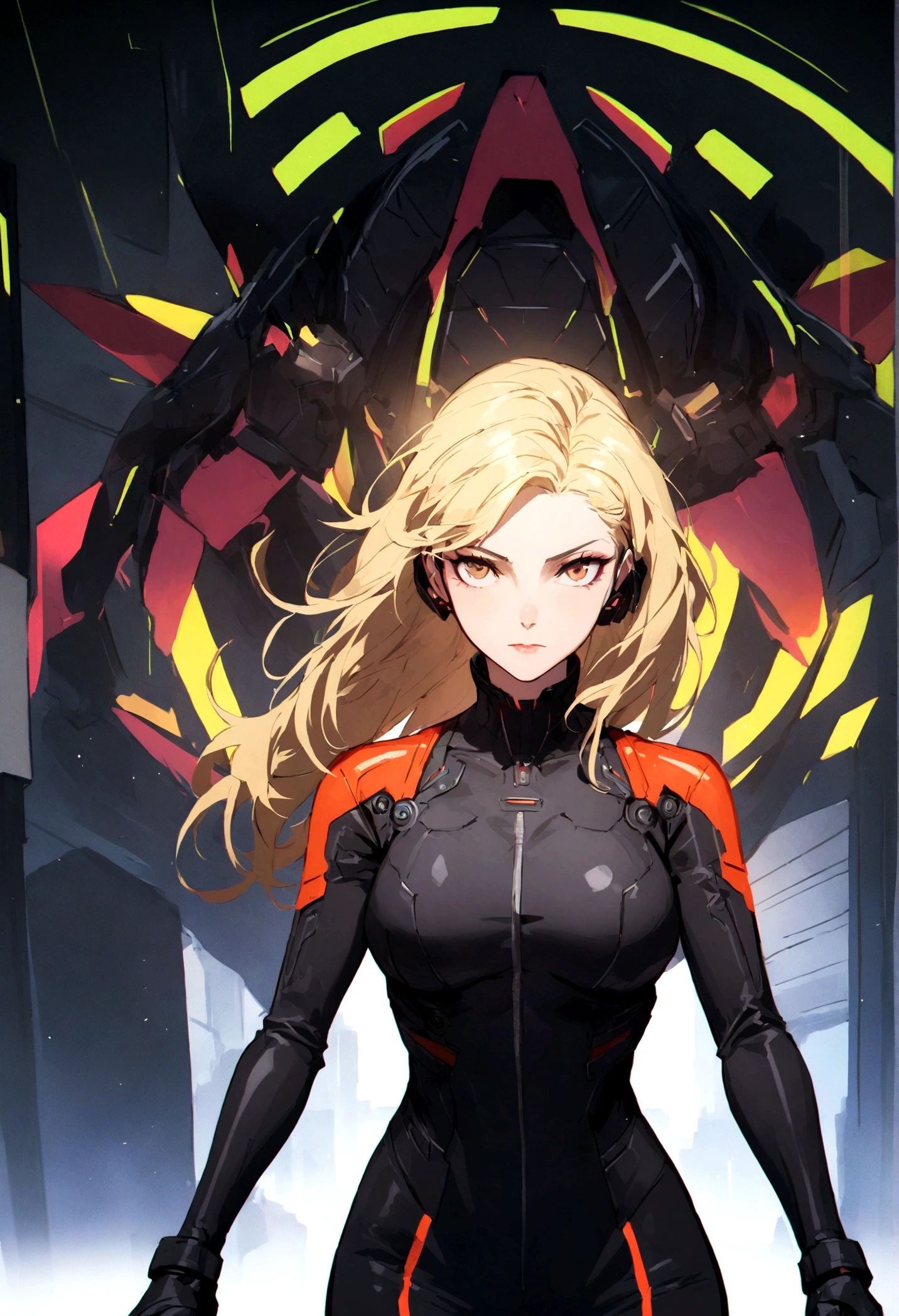 Blonde female cyberpunk corporate agent with a tight black dress