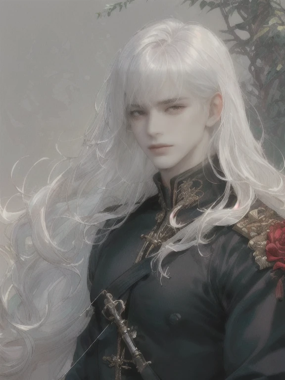 ((pale skin))(((male with sharp siren eyes)))((((very white white hair glowing))))(((blunt blunt bangs))) ((long very very wavy hair)) ((wide shoulders man))((very wavy hair))((office))((manly yet soft face))((handsome face))(((red red eyes)))((rectangle face shape))((SHARP JAW LINE)) ((THIN EYEBROWS))((ROSES)) ((SOFT FEATURES WITH DEFINED SHARP JAWLINE))((GLOWING ETHEREAL)) ((RED RED detailed SIREN EYES MALE SEXY EYES)))((elegant))((soft look))((close up one male only))((wavy hair)) ((square face))((wide face))((blunt bangs))((french))(((blunt bangs)))((FRENCH ROMANTIC BACKGROUND))