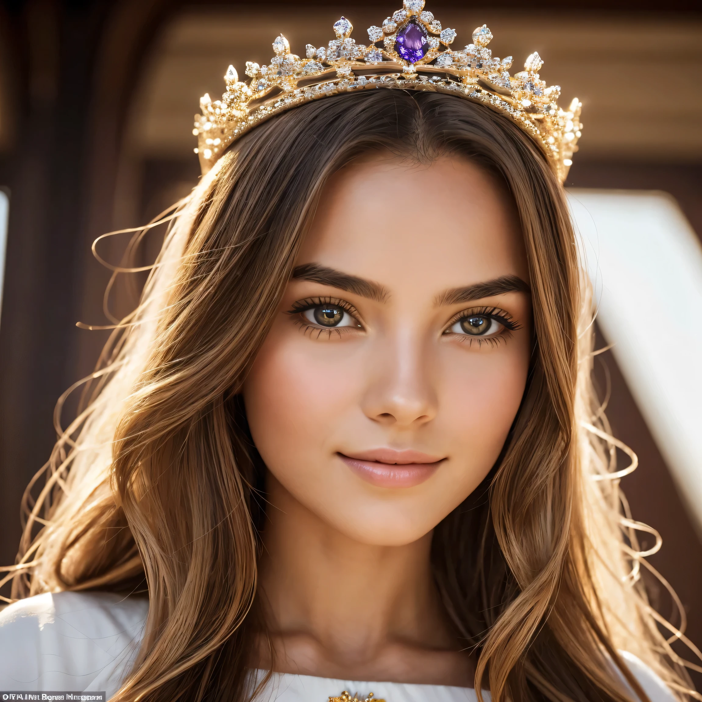 +Obra de arte, melhor qualidade, Super detalhado, Create a realistic image of Caïssa, the muse of chess, focusing on her face and shoulders only. She is a young woman of ethereal and graceful appearance. Her long, wavy hair cascades down like a waterfall and is golden or light brown in hue, shining under the light. Her deep and expressive eyes resemble a starry night sky or precious stones like sapphires or amethysts. She has a delicate and symmetrical face with clear, smooth skin that radiates a soft, almost celestial light. Her eyebrows are arched and well-defined, and her lips are full and rosy with a gentle and enigmatic smile. Caïssa should always be looking straight ahead and smiling. She is dressed in a flowing tunic or dress in shades of white, blue, or silver, symbolizing purity and her connection to chess. Her attire features intricate embroideries of chess pieces and geometric patterns resembling a chessboard. She wears a delicate crown or diadem, symbolizing her elevated status.
