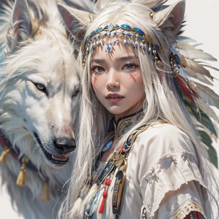 Shirakami-Sanchi、Hair flow、 ((highest quality、masterpiece、8k、Best image quality、Ultra-high resolution、Award-winning works)、(Accurate anatomy:1.1)、(Look at me and smile:1.1)、Shining fair skin with Ultra-high resolution、The most detailed face、Ultra-high resolution detailed face、Ultra-high resolutionの髪の毛、(Ultra-high resolutionの煌めく瞳:1.1)、Beautiful face drawn in every detail、(Blurred Background:1.1)、Native American white costume, American Indian Clothing, Chest to chest, tattoo、A real giant condor next to you。Observe the white wolf