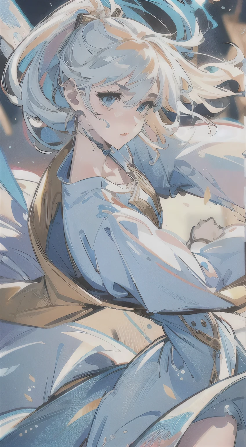 (1 Girl:1.3) Solitary Lower Body & Upper Torso, Official Art, Unity 8k Wallpaper, Super detailed, beautiful and aesthetic, masterpiece, best quality, Raw, Ultra-detailed photos, best quality, Ultra-high resolution, Photo realism, Sunlight illuminating her face, Full body portrait, Stunning beauty in a delicate pose, Delicate face with visible pores, Vibrant eyes wide open, From the front, Gorgeous skin tone with realistic skin details, Clear focus on her slender body, Volumetric F