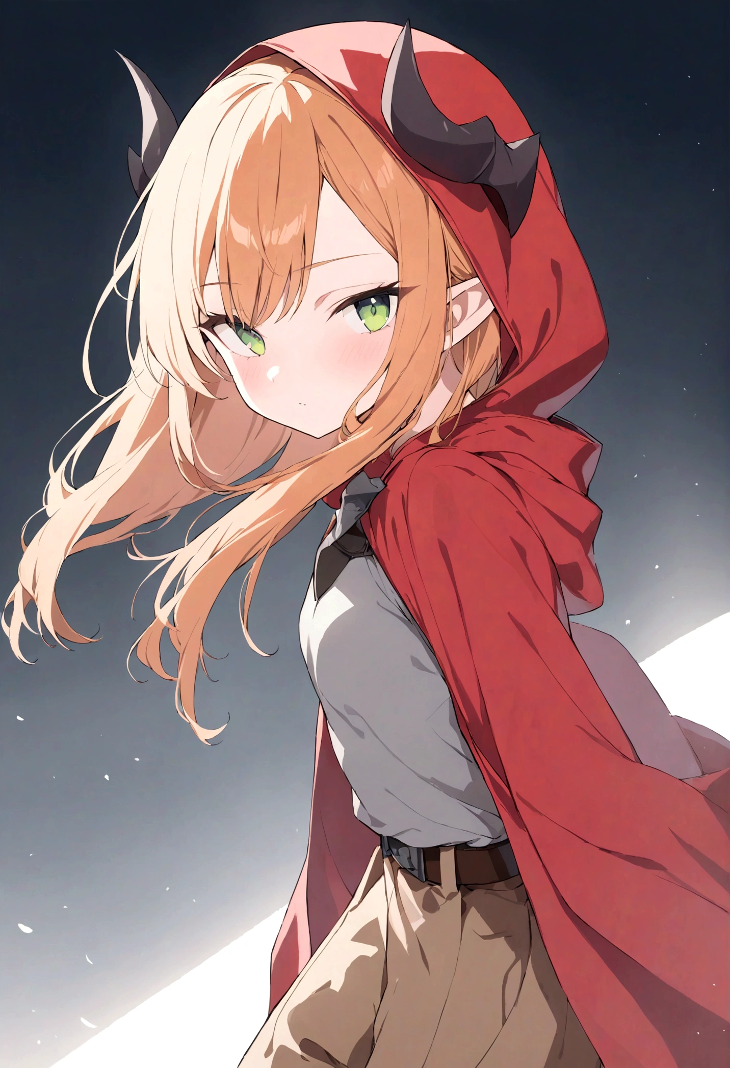 (1girl, Masterpiece, best quality) A young elf female with (long length intense orange hair and sharp side-swept fringe). Neutral, sligthly serious expression. Her attire includes a red cloak with yellow trim that covers a (medieval-style brown and gray chest piece). She has green eyes. She has a brown belt cinched around her waist. She wears brown pants. (She's wearing a red hood ((with attached (gray horns tilted back) to hood.)).)