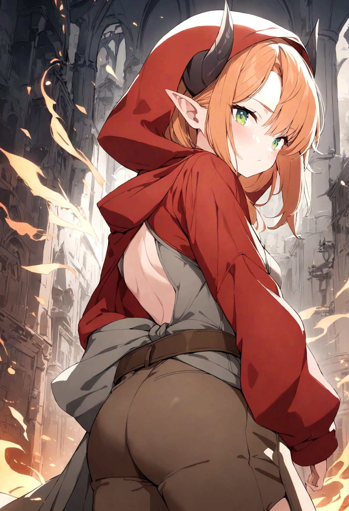 (1girl, Masterpiece, best quality) A young elf female with (long length intense orange hair and sharp side-swept fringe). Neutral, sligthly serious expression. Her attire includes a red cloak with yellow trim that covers a (medieval-style brown and gray chest piece). She has green eyes. She has a brown belt cinched around her waist. She wears brown pants. (She's wearing a red hood ((with attached (gray horns tilted back) to hood.)).)
