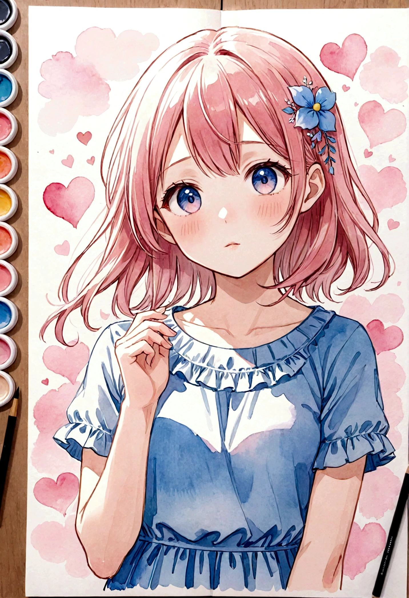 {{light pastel colors}}, {{partially colored}}, {{1girl}}, manga (medium), watercolor (medium), colorized, sketch photo-referenced, {{{{wholesome}}}}, cute, kawaii, {{{artstyle (liz to aoi tori)}}}