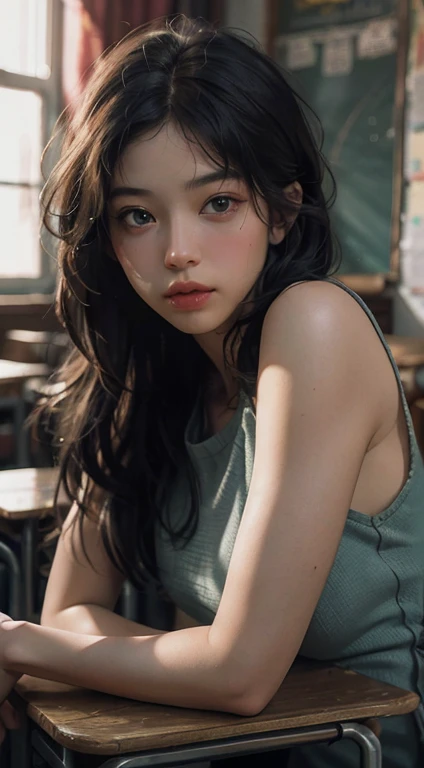 (RAW Photos, highest quality), (Realistic, photo-Realistic:1.3),highest quality,Very detailed,masterpiece,Very detailed,shape,One Girl,full_body,Dynamic Angle,world masterpiece theater,Messy_length_hair,highest quality,Very detailed CG , 8k,,ink,wonderful,Cinema Lighting,lens_Flare, Dunhuang_style, In the classroom、Perfect Face:1.2,