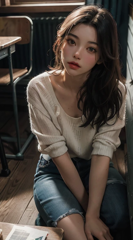 (RAW Photos, highest quality), (Realistic, photo-Realistic:1.3),highest quality,Very detailed,masterpiece,Very detailed,shape,One Girl,full_body,Dynamic Angle,world masterpiece theater,Messy_length_hair,highest quality,Very detailed CG , 8k,,ink,wonderful,Cinema Lighting,lens_Flare, Dunhuang_style, In the classroom、Perfect Face:1.2,