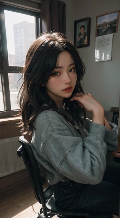 (RAW Photos, highest quality), (Realistic, photo-Realistic:1.3),highest quality,Very detailed,masterpiece,Very detailed,shape,One Girl,full_body,Dynamic Angle,world masterpiece theater,Messy_length_hair,highest quality,Very detailed CG , 8k,,ink,wonderful,Cinema Lighting,lens_Flare, Dunhuang_style, In the classroom、Perfect Face:1.2,