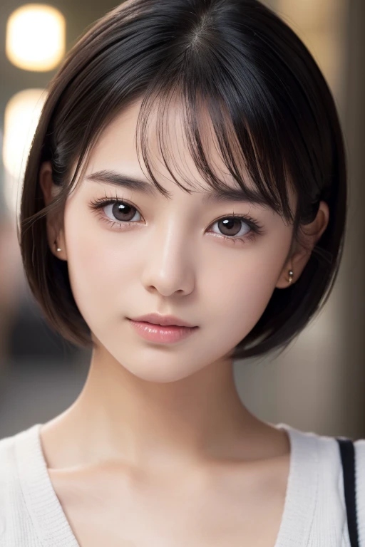 (High resolution:1.3), (16k, Photorealistic, Raw photo, Best image quality: 1.4), Japanese, (One Girl), Beautiful Face, (A vivid face), (Black-haired、short hair:1.3、Forehead:1.2), Beautiful Hairstyles, Realistic eyes, Beautifully detailed eyes, (Realistic Skin), Beautiful skins, attractive, 超A high resolution, Surreal, High detail, Golden Ratio, Highly detailed cute girl,(18-year-old), fashion