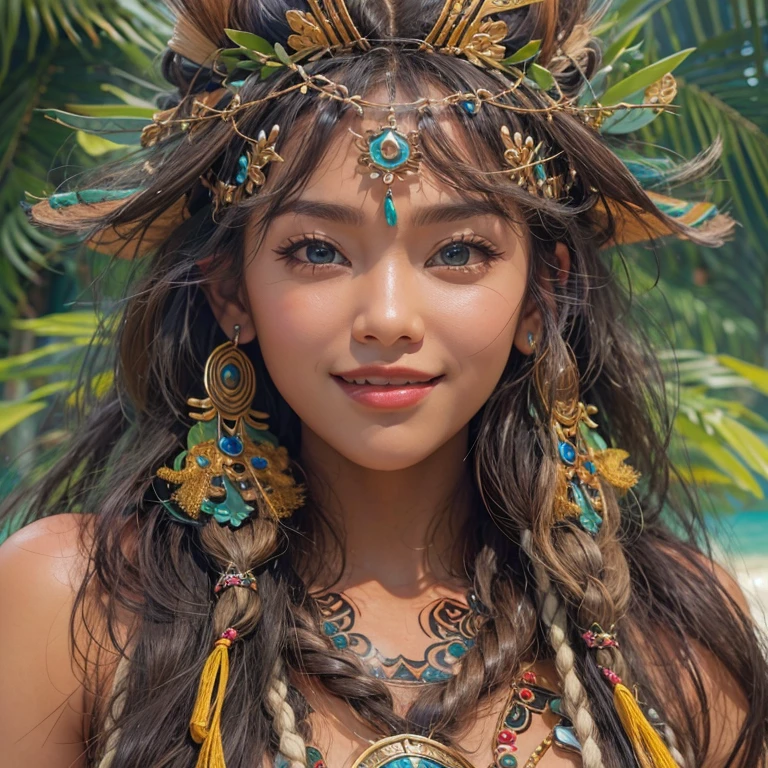 Polynesian Sea、Hair blowing in the wind 、 ((highest quality、masterpiece、8k、Best image quality、Ultra-high resolution、Award-winning works)、(Accurate anatomy:1.1)、(Look at me and smile:1.0)、Shining fair skin with Ultra-high resolution、The most detailed face、Ultra-high resolution detailed face、Ultra-high resolutionの髪の毛、(Ultra-high resolution eye:1.1)、Beautiful face drawn in every detail、Polynesian Costume,Small breasts, Polynesian Tattoo, Polynesian canoe、Wearing Polynesian costumes:1.2.
