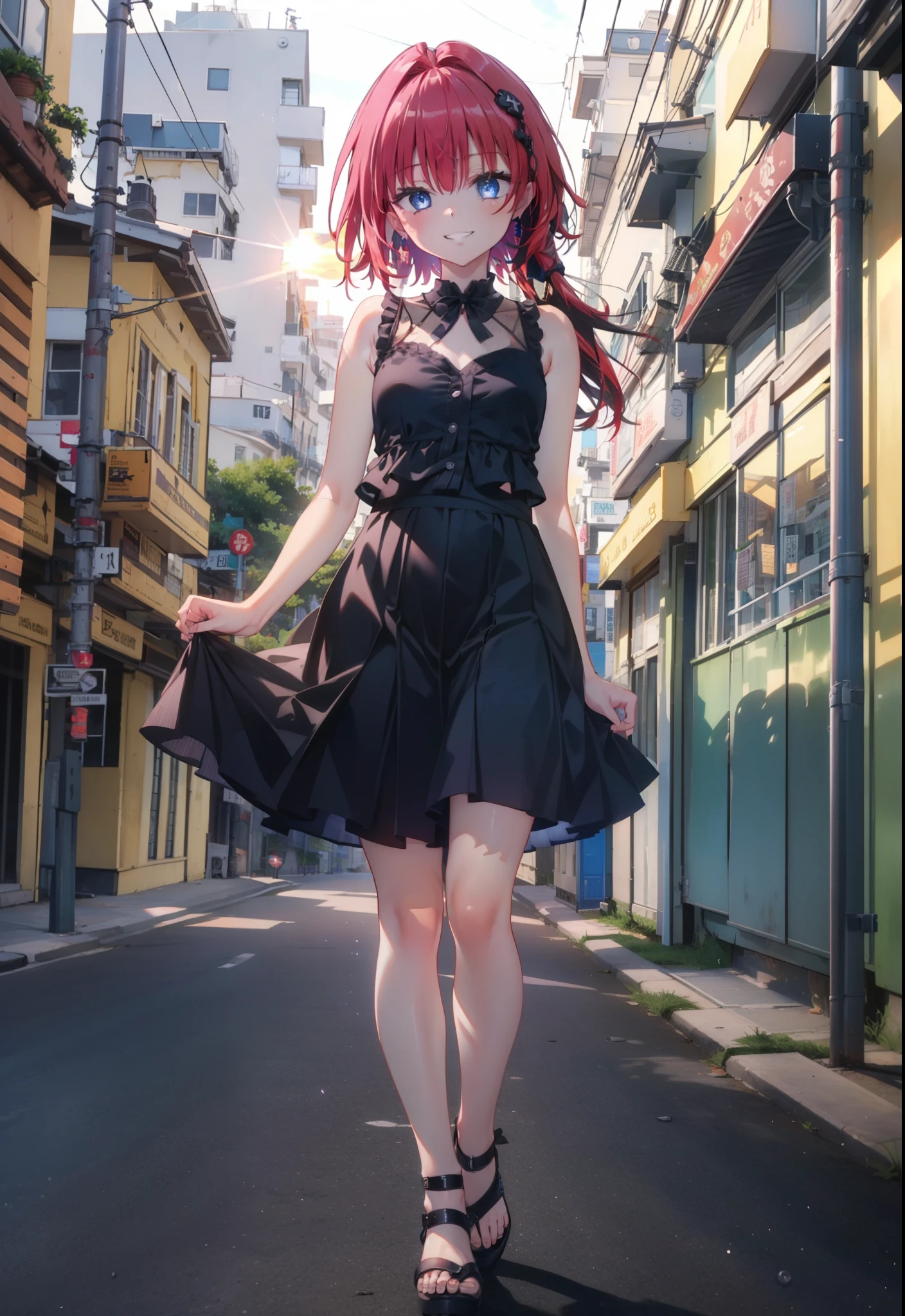 (masterpiece, highest quality:1.2),shape,8k,High resolution,kurosaki mea,Red Hair,Long Hair,Purple eyes,1 girl,Grin,smile,Sleeveless black dress,Bare arms,black long skirt,Cute Sandals,walking,evening,Sunset,The sun is setting,
break looking at viewer,whole body, (Cowboy Shot:1. 5)
break outdoors, Coastal Road,
break (masterpiece:1.2), highest quality, High resolution, unity 8k wallpaper, (shape:0.8), (Beautiful and beautiful eyes:1.6), Highly detailed face, Perfect lighting, Extremely detailed CG, (Perfect hands, Perfect Anatomy),