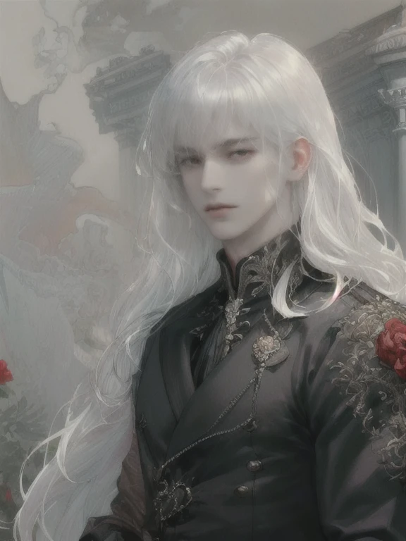 ((pale skin))(((male with sharp siren eyes)))((((very white white hair glowing))))(((blunt blunt bangs))) ((long very very wavy hair)) ((wide shoulders man))((very wavy hair))((office))((manly yet soft face))((handsome face))(((red red eyes)))((rectangle face shape))((SHARP JAW LINE)) ((THIN EYEBROWS))((ROSES)) ((SOFT FEATURES WITH DEFINED SHARP JAWLINE))((GLOWING ETHEREAL)) ((RED RED detailed SIREN EYES MALE SEXY EYES)))((elegant))((soft look))((close up one male only))((wavy hair)) ((square face))((wide face))((blunt bangs))((french))(((blunt bangs)))((Elegant inside mansion BACKGROUND))